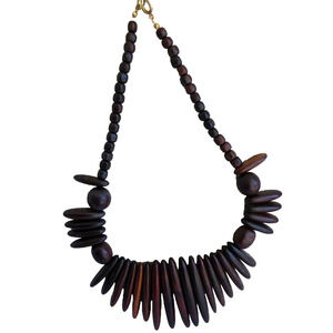 Vintage Wood Bib Necklace Teak Carved 18" Mixed Beads Statement Natural Boho